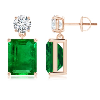 10x8mm AAAA Emerald-Cut Emerald Drop Earrings with Diamond in Rose Gold
