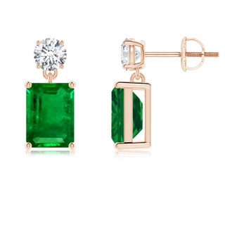 8x6mm AAAA Emerald-Cut Emerald Drop Earrings with Diamond in Rose Gold