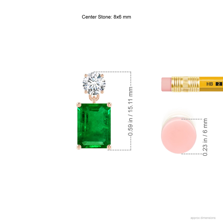 8x6mm AAAA Emerald-Cut Emerald Drop Earrings with Diamond in Rose Gold ruler