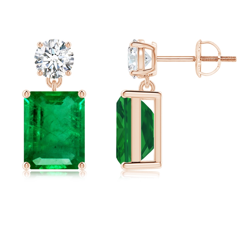 9x7mm AAA Emerald-Cut Emerald Drop Earrings with Diamond in Rose Gold 