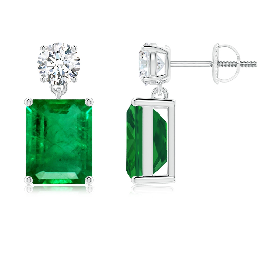 9x7mm AAA Emerald-Cut Emerald Drop Earrings with Diamond in White Gold