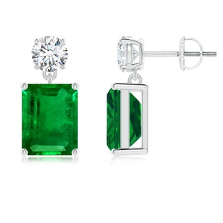 9x7mm AAAA Emerald-Cut Emerald Drop Earrings with Diamond in P950 Platinum