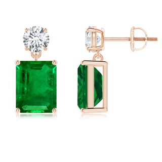 9x7mm AAAA Emerald-Cut Emerald Drop Earrings with Diamond in Rose Gold