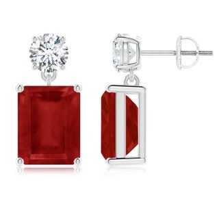 10x8mm AA Emerald-Cut Ruby Drop Earrings with Diamond in P950 Platinum