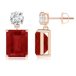 10x8mm AA Emerald-Cut Ruby Drop Earrings with Diamond in Rose Gold