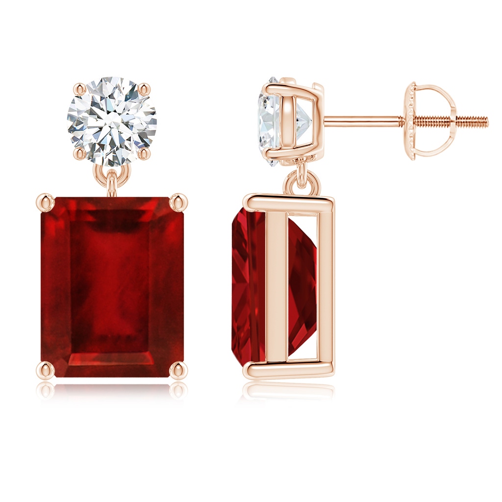 10x8mm AAAA Emerald-Cut Ruby Drop Earrings with Diamond in Rose Gold