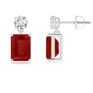 8x6mm AA Emerald-Cut Ruby Drop Earrings with Diamond in P950 Platinum