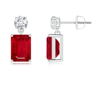 8x6mm AAA Emerald-Cut Ruby Drop Earrings with Diamond in P950 Platinum