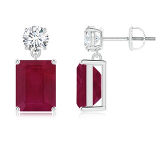 9x7mm A Emerald-Cut Ruby Drop Earrings with Diamond in P950 Platinum