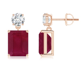 9x7mm A Emerald-Cut Ruby Drop Earrings with Diamond in Rose Gold
