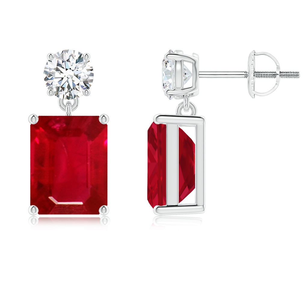 9x7mm AAA Emerald-Cut Ruby Drop Earrings with Diamond in White Gold