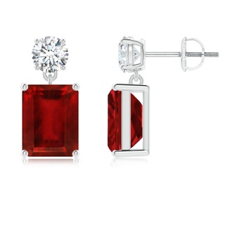 9x7mm AAAA Emerald-Cut Ruby Drop Earrings with Diamond in P950 Platinum