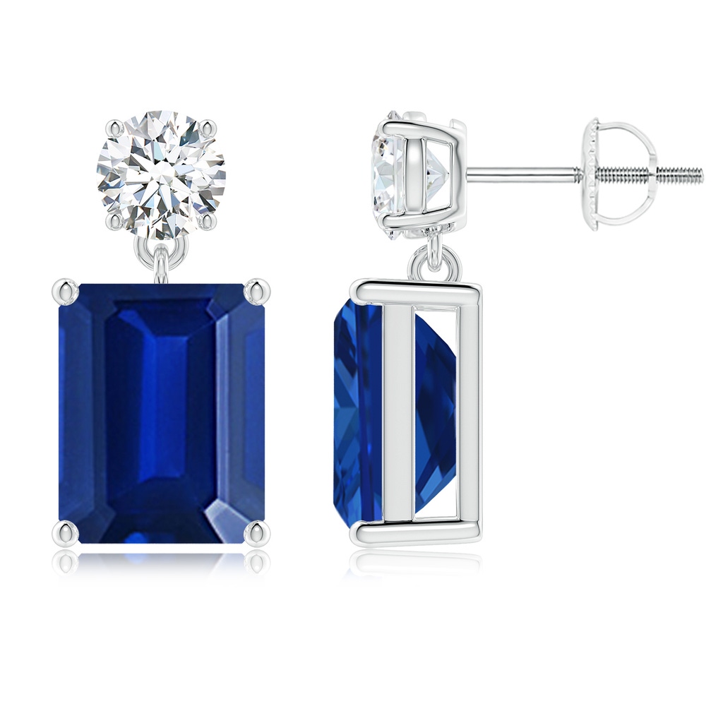 10x8mm Lab-Grown Emerald-Cut Blue Sapphire Drop Earrings with Diamond in P950 Platinum