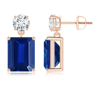 10x8mm AAAA Emerald-Cut Blue Sapphire Drop Earrings with Diamond in Rose Gold