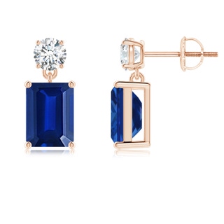 8x6mm AAAA Emerald-Cut Blue Sapphire Drop Earrings with Diamond in Rose Gold