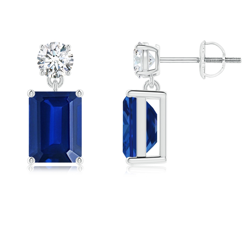 8x6mm Lab-Grown Emerald-Cut Blue Sapphire Drop Earrings with Diamond in White Gold