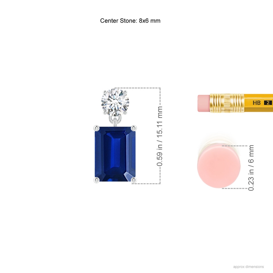 8x6mm Lab-Grown Emerald-Cut Blue Sapphire Drop Earrings with Diamond in White Gold ruler