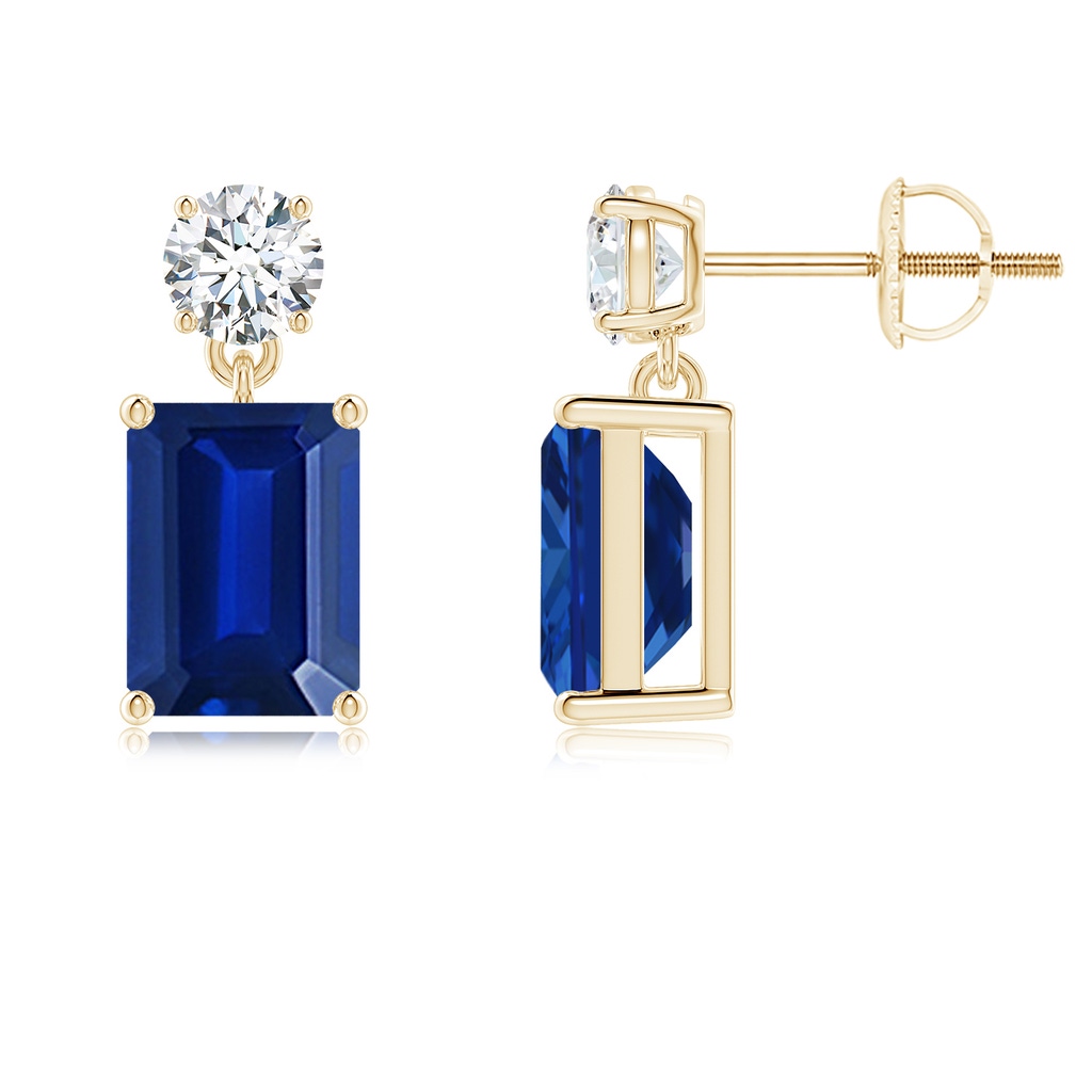 8x6mm Lab-Grown Emerald-Cut Blue Sapphire Drop Earrings with Diamond in Yellow Gold