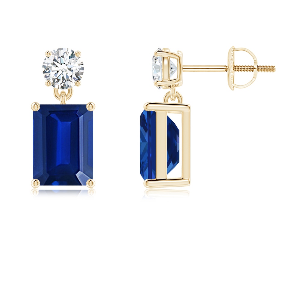 8x6mm Lab-Grown Emerald-Cut Blue Sapphire Drop Earrings with Diamond in Yellow Gold 