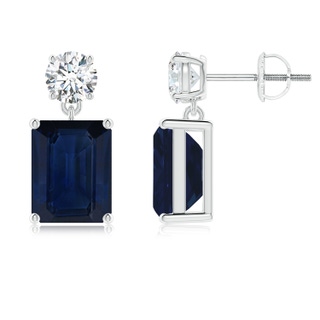 9x7mm AA Emerald-Cut Blue Sapphire Drop Earrings with Diamond in P950 Platinum