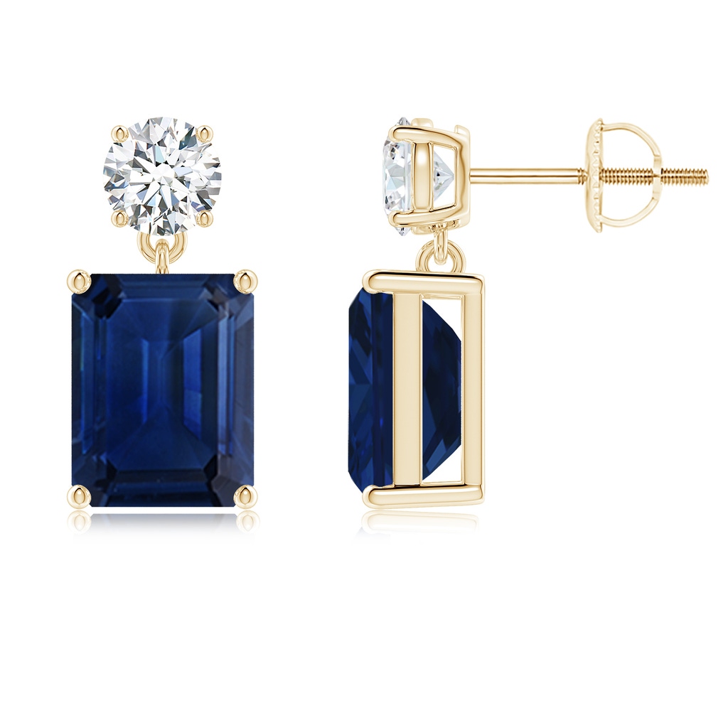 9x7mm AAA Emerald-Cut Blue Sapphire Drop Earrings with Diamond in Yellow Gold