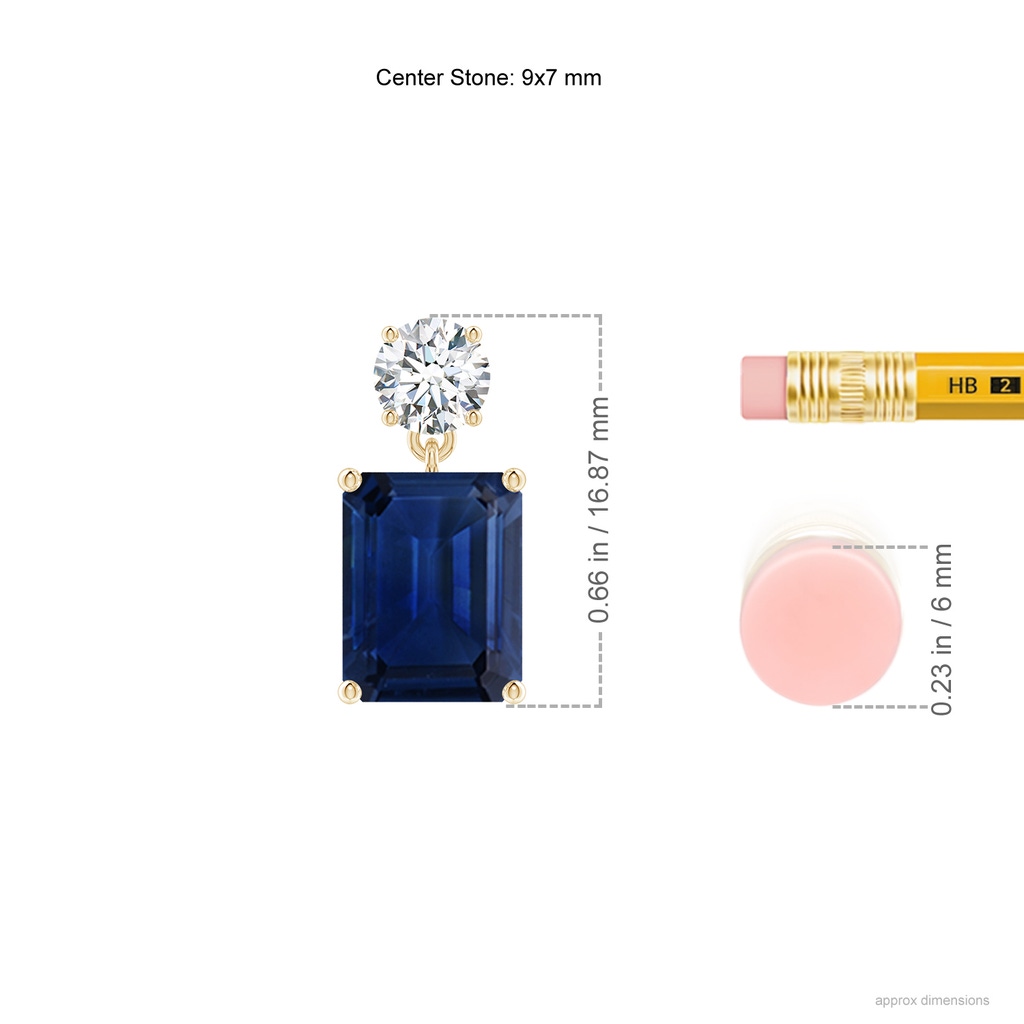 9x7mm AAA Emerald-Cut Blue Sapphire Drop Earrings with Diamond in Yellow Gold ruler