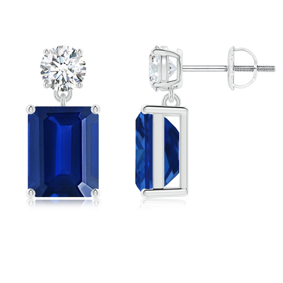 9x7mm Lab-Grown Emerald-Cut Blue Sapphire Drop Earrings with Diamond in 18K White Gold 