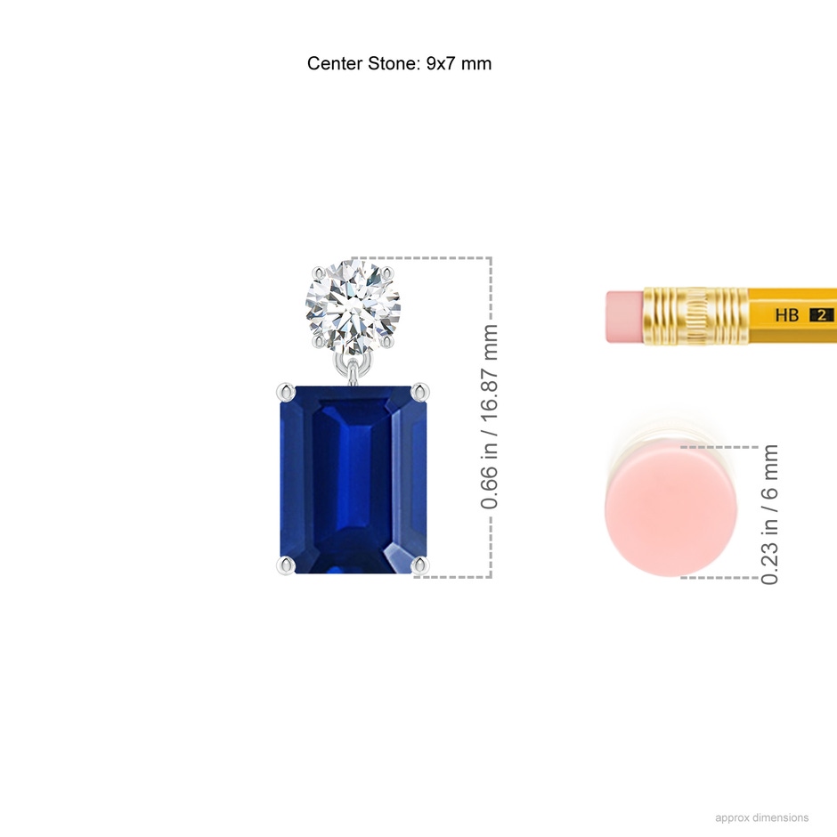9x7mm Lab-Grown Emerald-Cut Blue Sapphire Drop Earrings with Diamond in 18K White Gold ruler