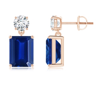 9x7mm AAAA Emerald-Cut Blue Sapphire Drop Earrings with Diamond in 9K Rose Gold