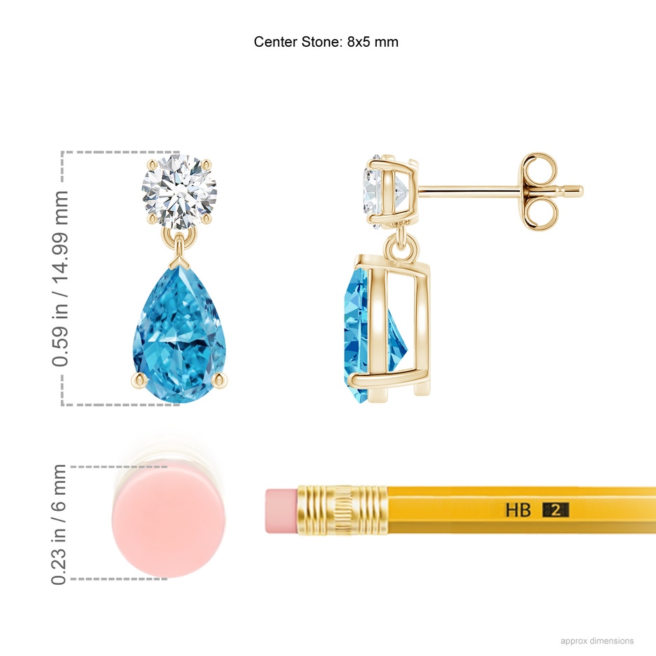 8x5mm AAAA Pear-Shaped Fancy Intense Blue Diamond Drop Earrings in Yellow Gold ruler