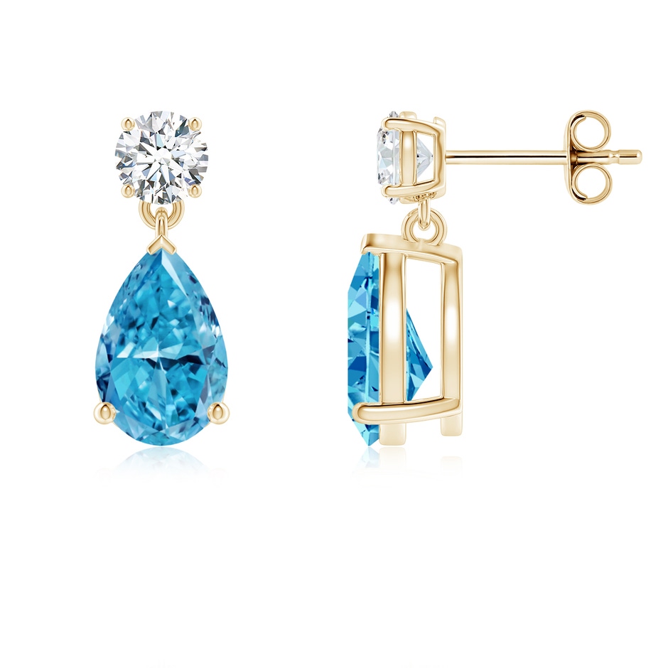 9.5x6mm AAAA Pear-Shaped Fancy Intense Blue Diamond Drop Earrings in Yellow Gold 