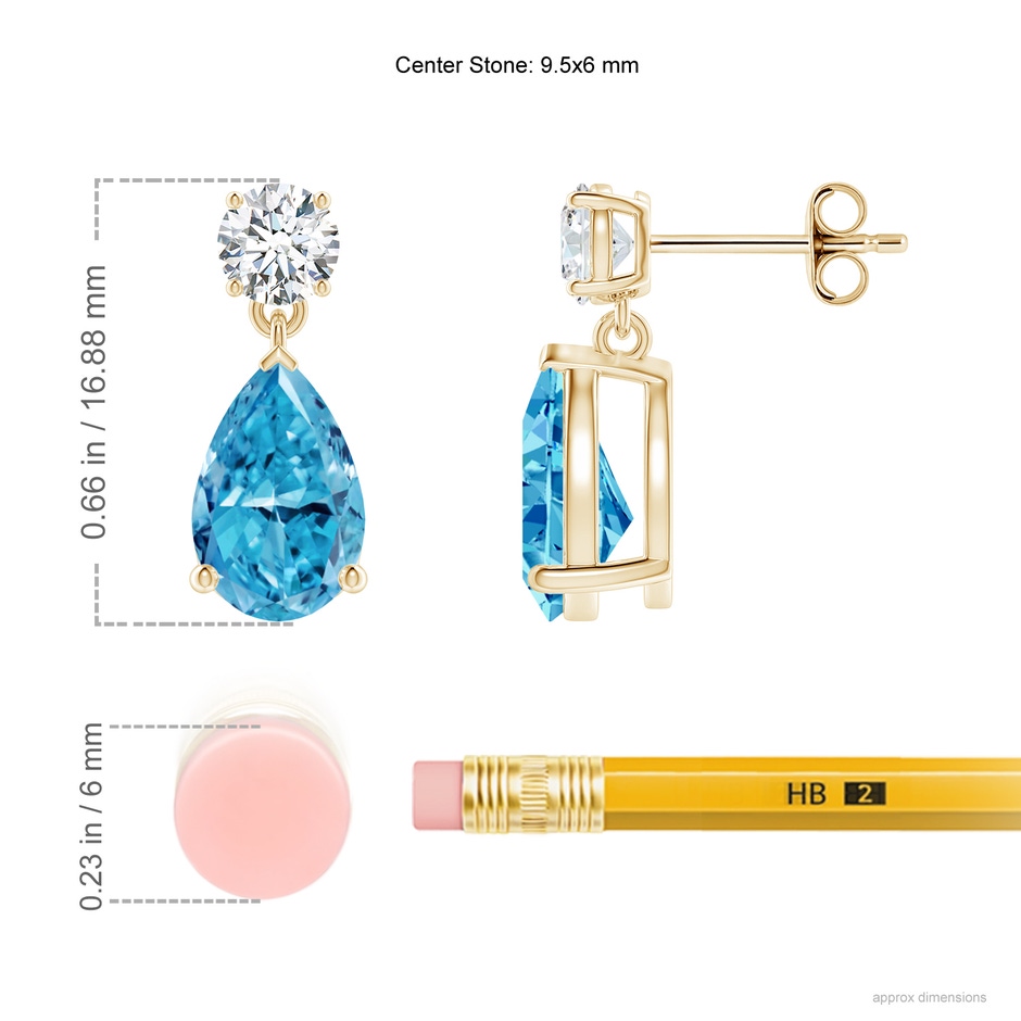 9.5x6mm AAAA Pear-Shaped Fancy Intense Blue Diamond Drop Earrings in Yellow Gold ruler
