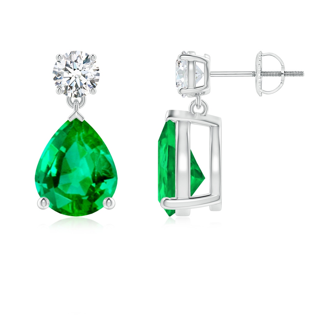 10x8mm AAA Pear-Shaped Emerald Drop Earrings with Diamond in White Gold