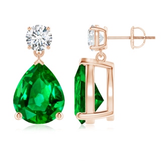 12x10mm AAAA Pear-Shaped Emerald Drop Earrings with Diamond in 10K Rose Gold