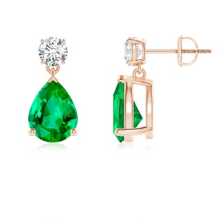 9x7mm AAA Pear-Shaped Emerald Drop Earrings with Diamond in Rose Gold