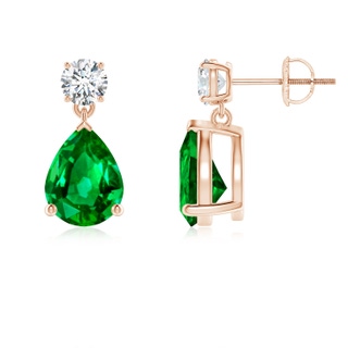 9x7mm AAAA Pear-Shaped Emerald Drop Earrings with Diamond in Rose Gold