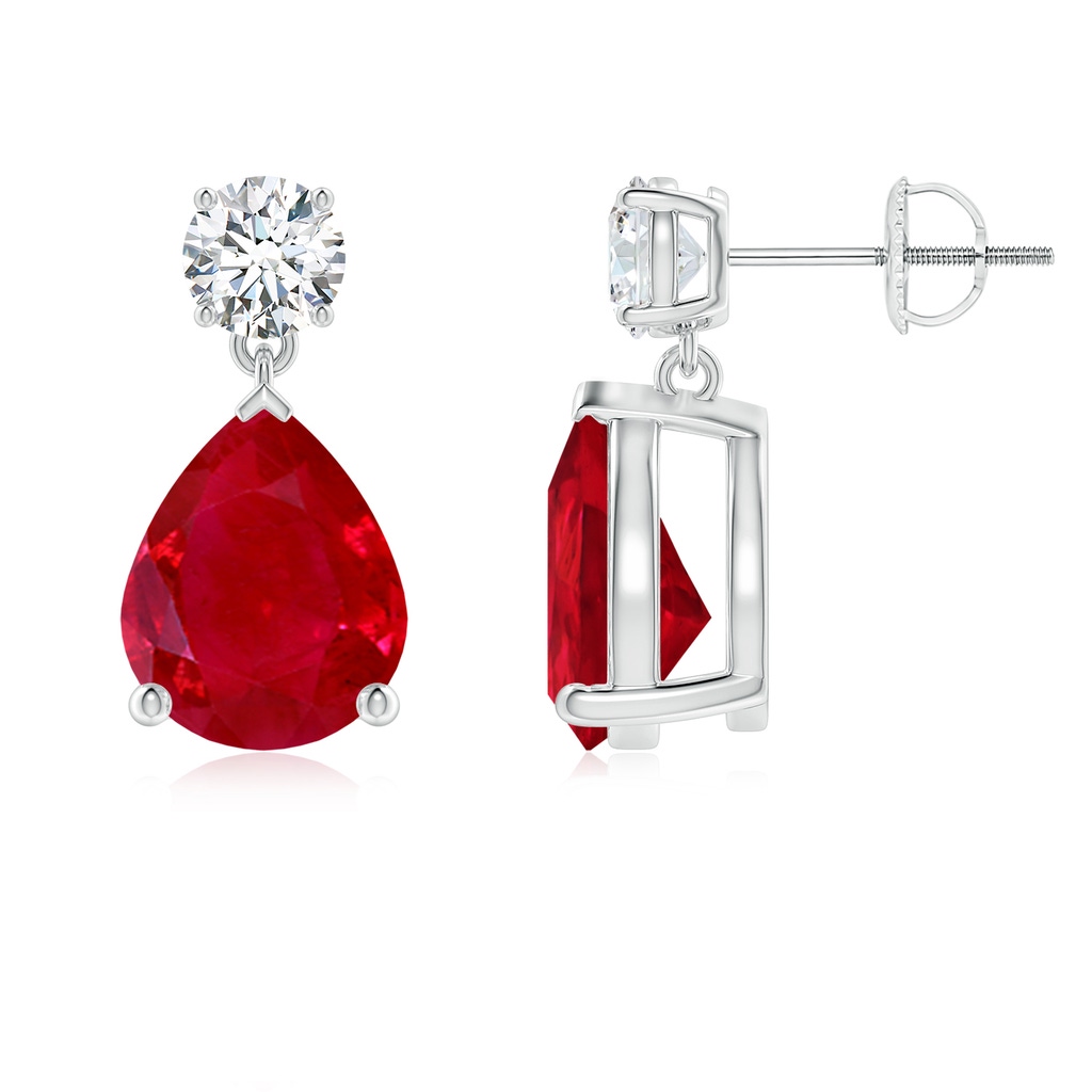 10x8mm AAA Pear-Shaped Ruby Drop Earrings with Diamond in White Gold