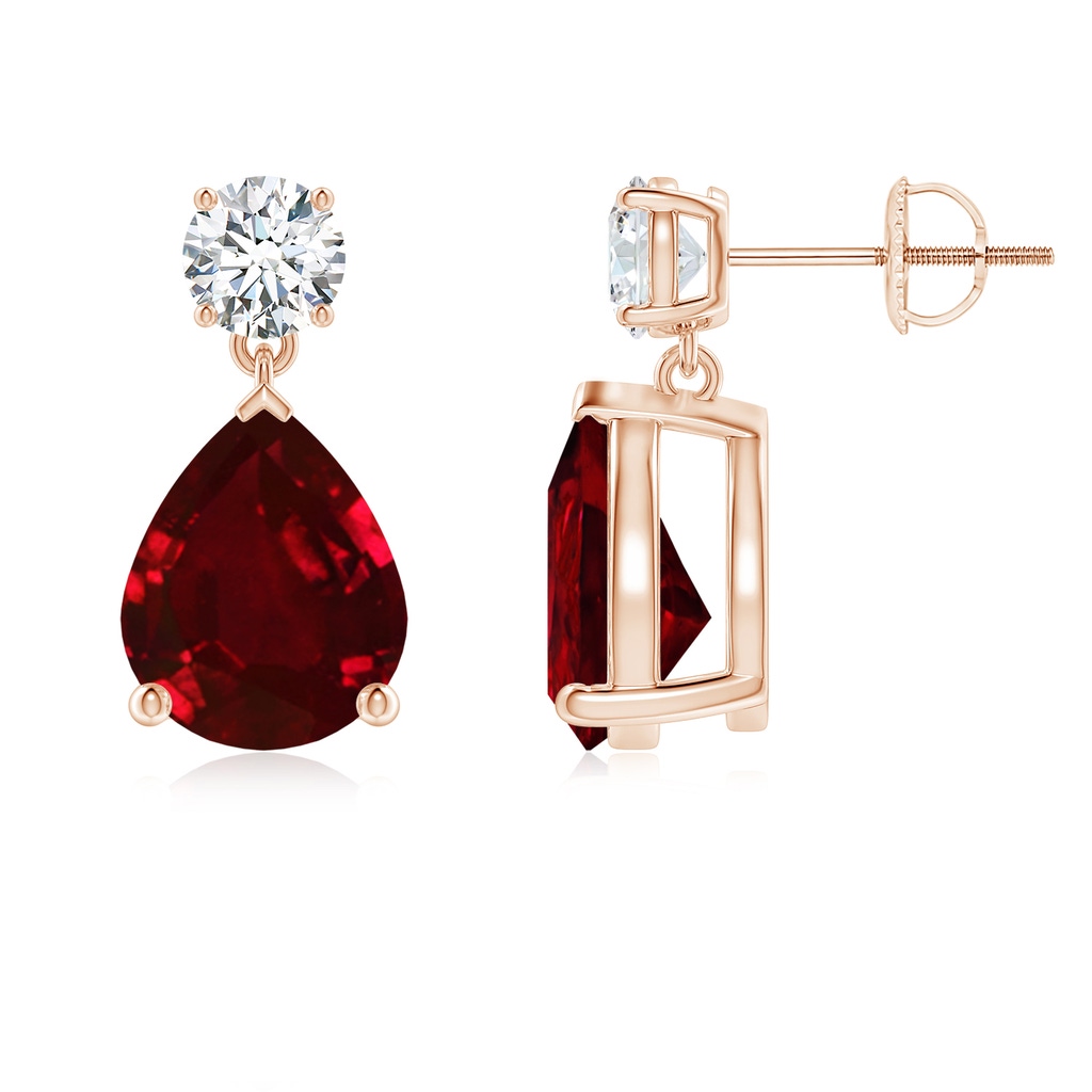 10x8mm AAAA Pear-Shaped Ruby Drop Earrings with Diamond in Rose Gold