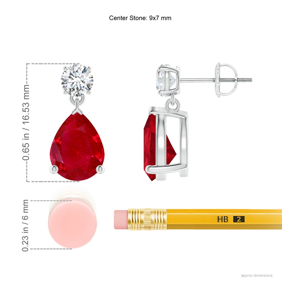 9x7mm AAA Pear-Shaped Ruby Drop Earrings with Diamond in White Gold ruler