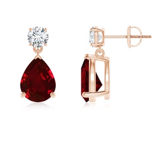 9x7mm AAAA Pear-Shaped Ruby Drop Earrings with Diamond in 10K Rose Gold