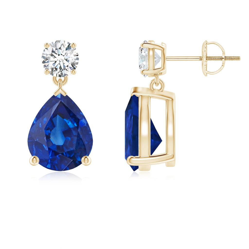 10x8mm AAA Pear-Shaped Blue Sapphire Drop Earrings with Diamond in Yellow Gold