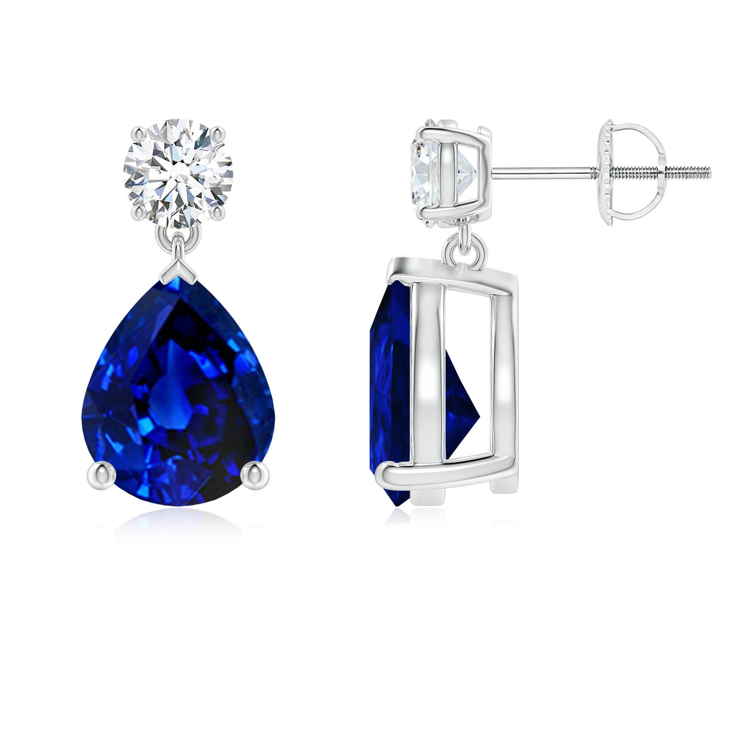 10x8mm AAAA Pear-Shaped Blue Sapphire Drop Earrings with Diamond in 18CT White Gold