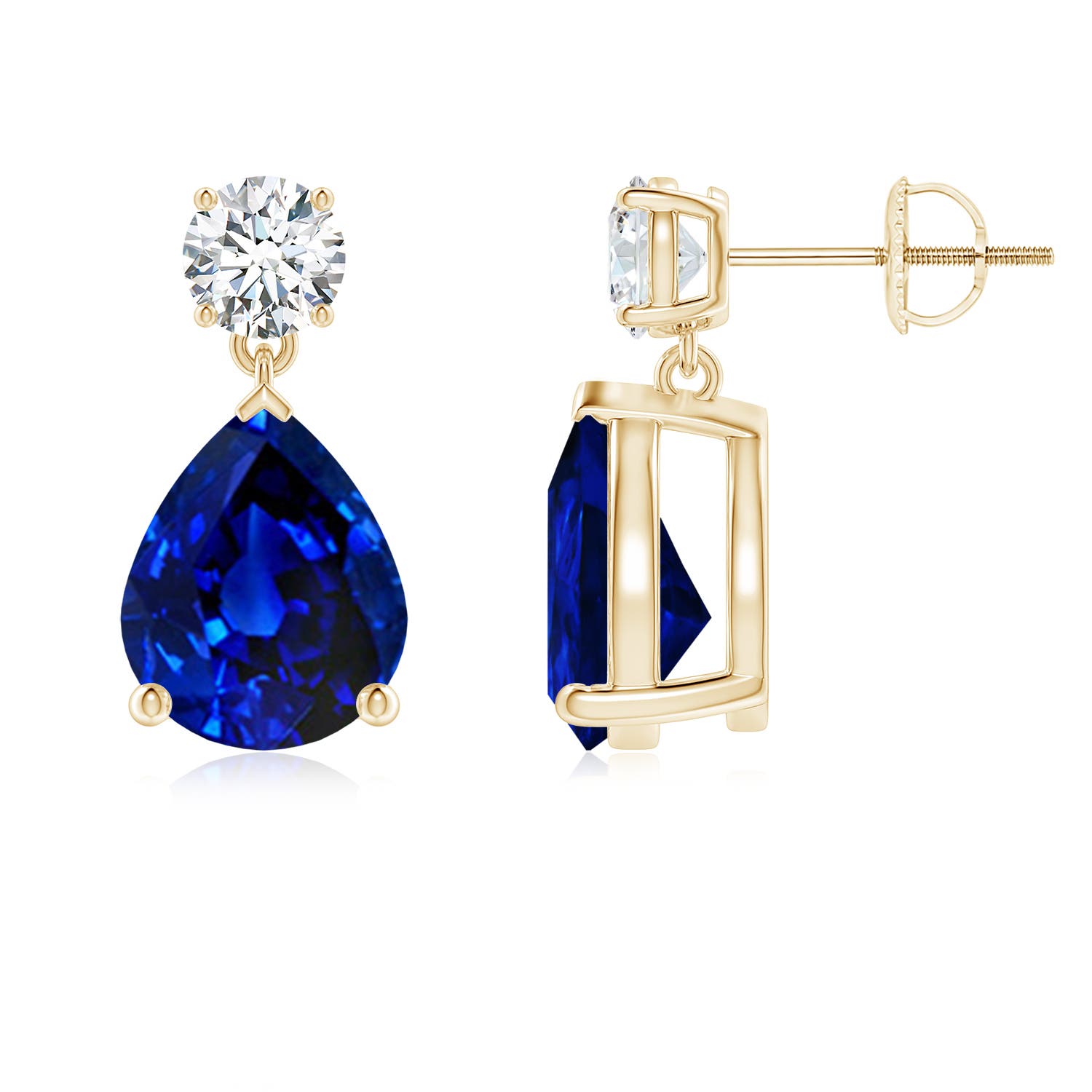 10x8mm AAAA Pear-Shaped Blue Sapphire Drop Earrings with Diamond in 18K Yellow Gold