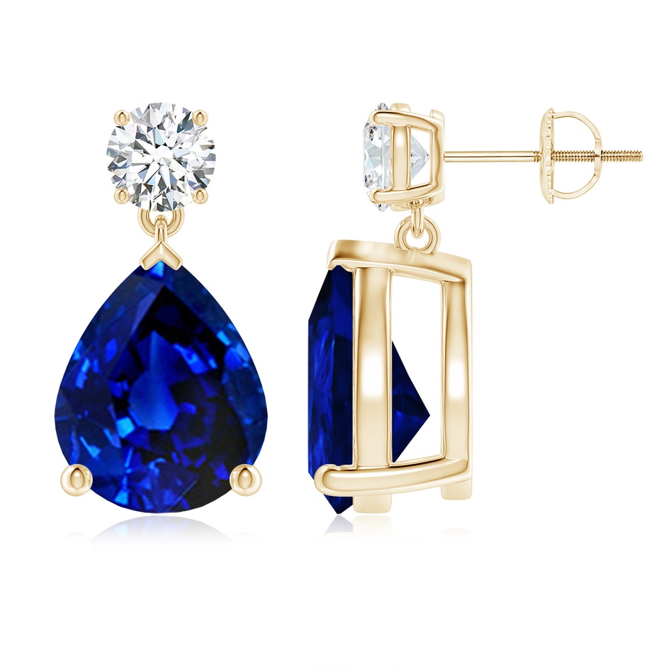 12x10mm Lab-Grown Pear-Shaped Blue Sapphire Drop Earrings with Diamond in 18K Yellow Gold 