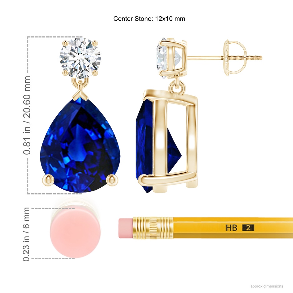 12x10mm Lab-Grown Pear-Shaped Blue Sapphire Drop Earrings with Diamond in 18K Yellow Gold ruler