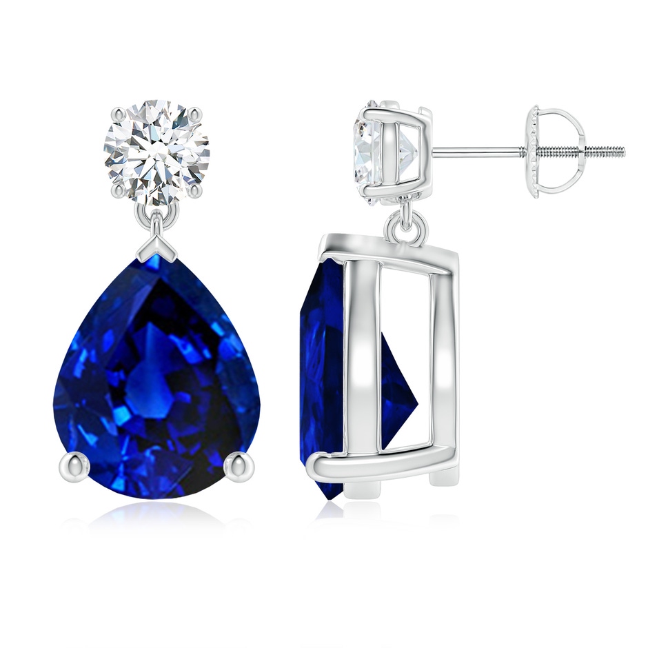 12x10mm Lab-Grown Pear-Shaped Blue Sapphire Drop Earrings with Diamond in P950 Platinum 
