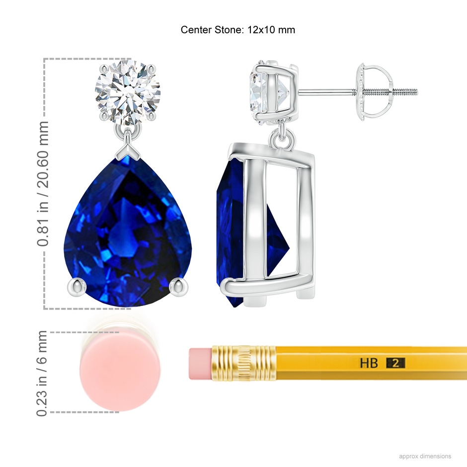 12x10mm Lab-Grown Pear-Shaped Blue Sapphire Drop Earrings with Diamond in P950 Platinum ruler