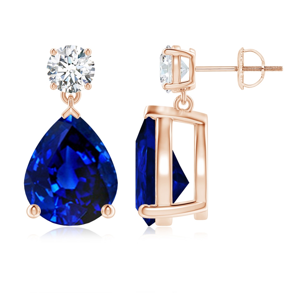 12x10mm Lab-Grown Pear-Shaped Blue Sapphire Drop Earrings with Diamond in Rose Gold 