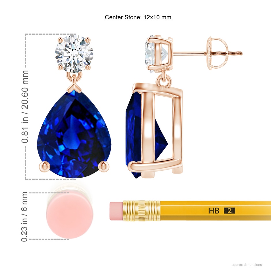 12x10mm Lab-Grown Pear-Shaped Blue Sapphire Drop Earrings with Diamond in Rose Gold ruler