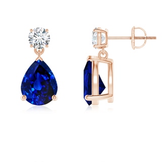9x7mm AAAA Pear-Shaped Blue Sapphire Drop Earrings with Diamond in Rose Gold